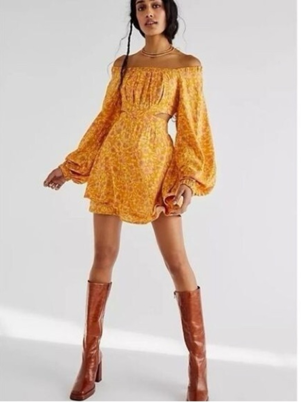 Free People Jael Golden Floral Cut Out Back Dress xs NWOT